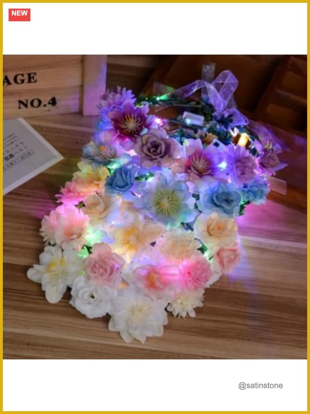 Handmade Polyester Flower Crown Headband with Fairy Lights Adjustable Hair